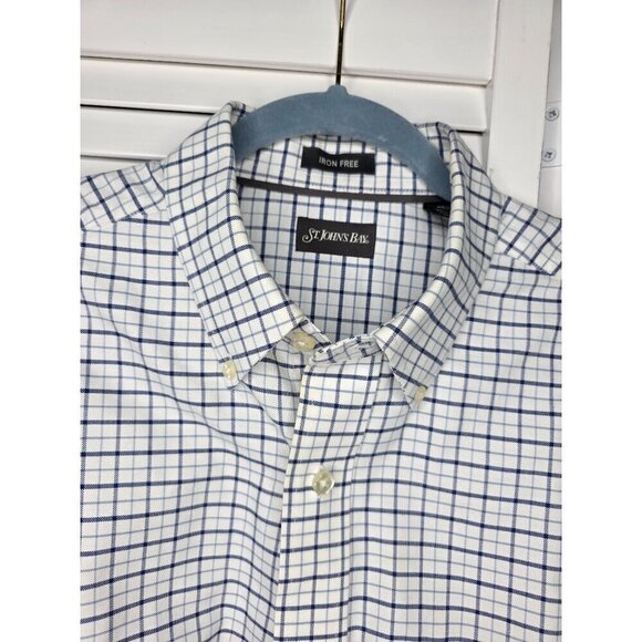 St. Johns Bay Iron-Free Medium Plaid Button-Down Shirt 100% Cotton White & Blue - Picture 6 of 16